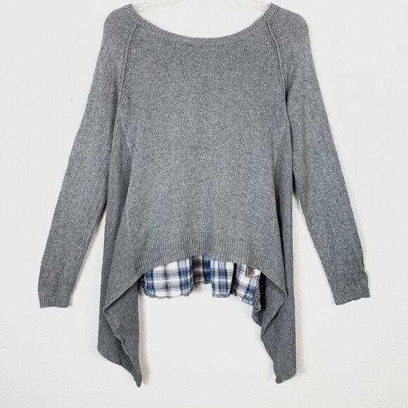 Anthropologie Moth Grey Handkerchief Hem Plaid Back Sweater - Picture 2 of 7